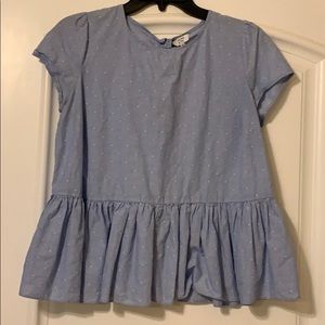 Tie back, blue and white polka dot peplum top